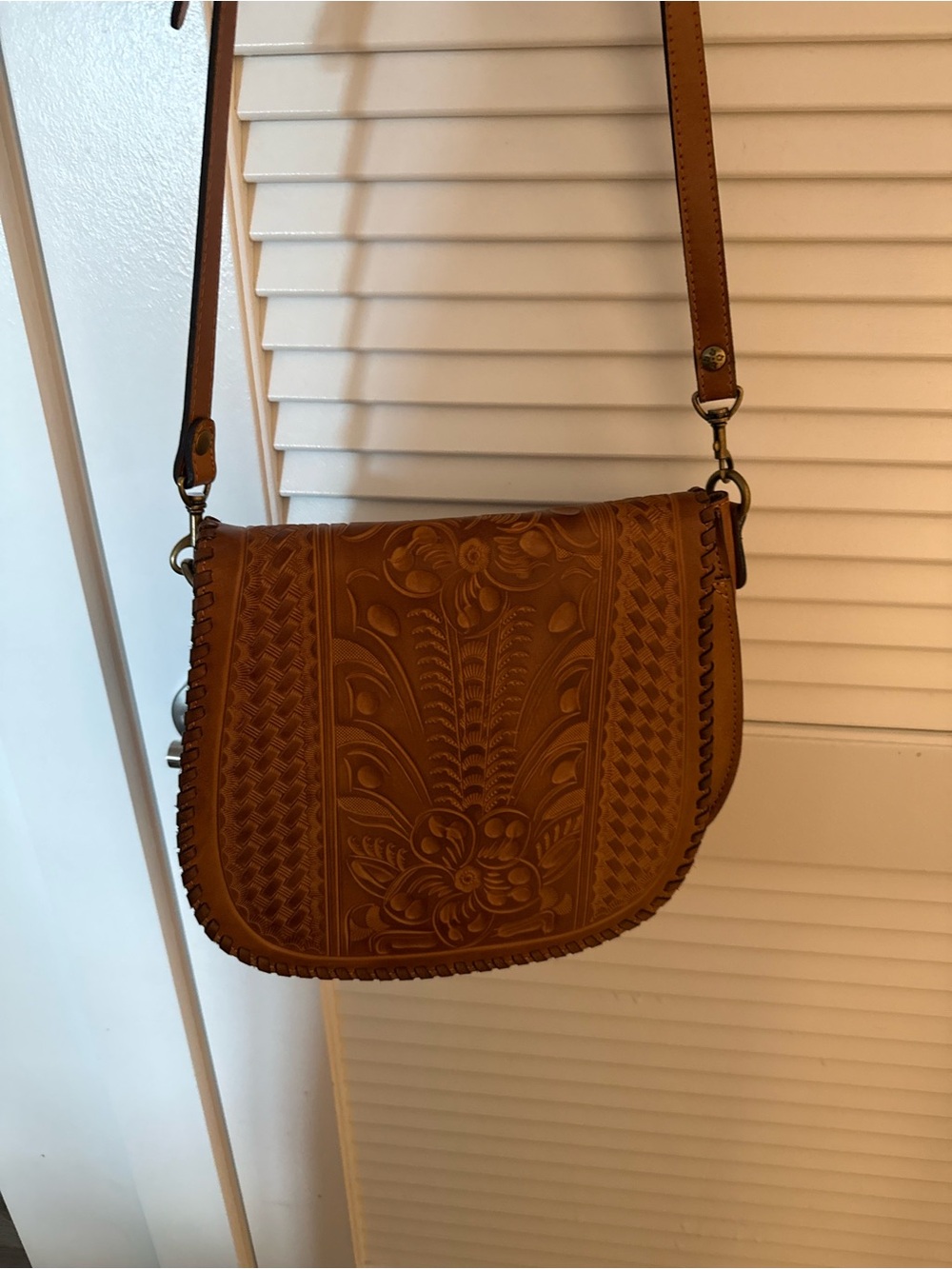 Women's Tan Tooled Leather Crossbody Bag